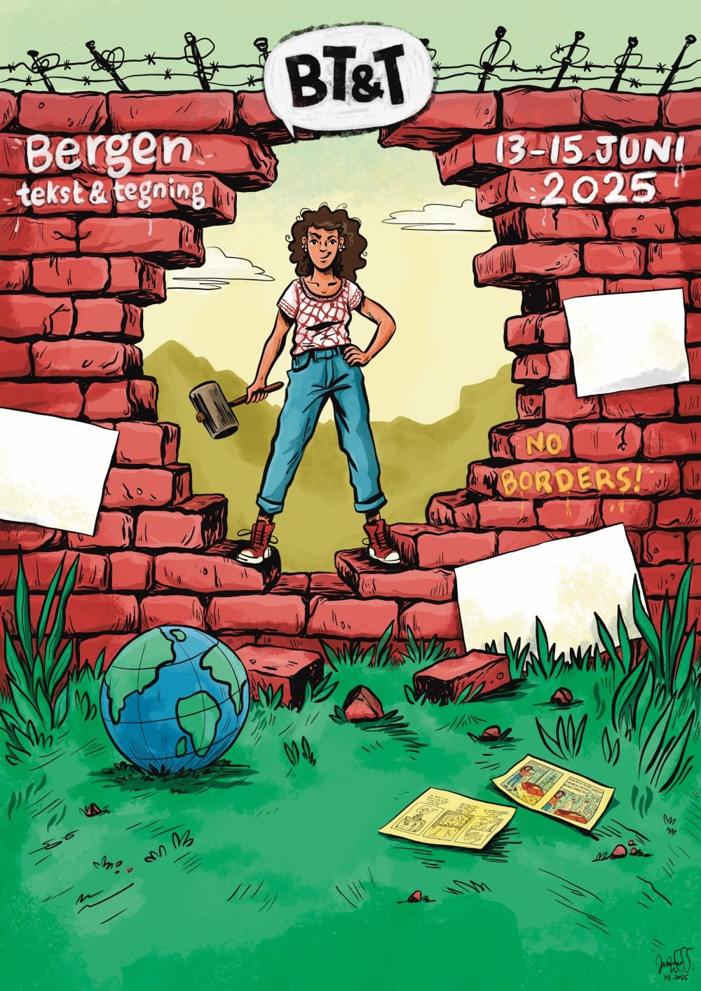 Festivalplakat 2025 - © Jeanine El Khawand Kvinne med slegge knuser piggtråd-belagt mursteinsvegg.